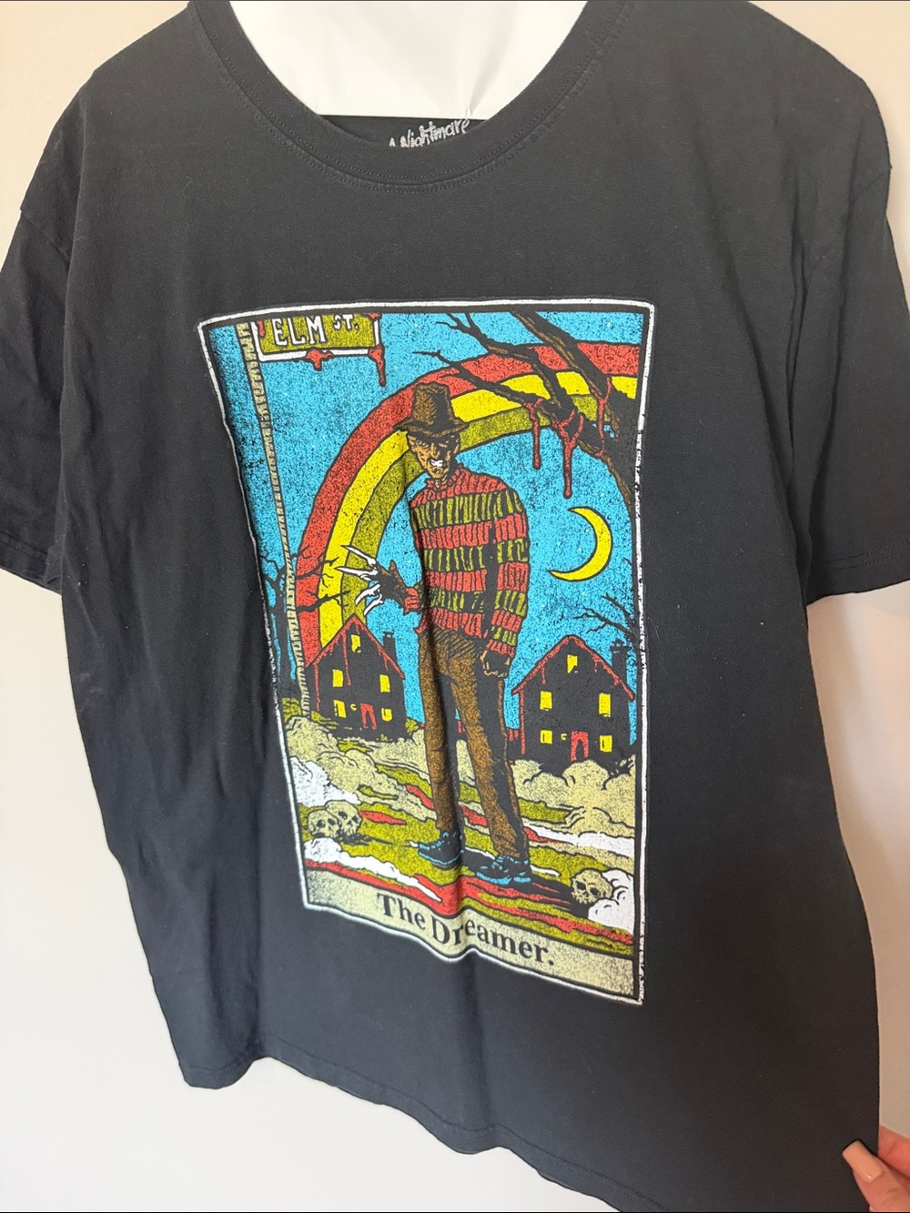 Black Graphic Horror Tee with Colorful Tarot-Inspired Print